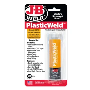 A tube of J-B Weld PlasticWeld epoxy adhesive in retail packaging.