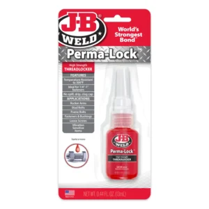 J-B Weld Perma Lock threadlocker in a red and white bottle on packaging.
