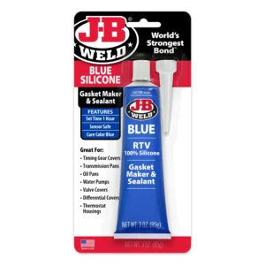 Tube of J-B Weld Blue Silicone RTV gasket maker on packaging.
