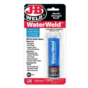 Tube of JB Weld WaterWeld epoxy putty for metal and waterproof repairs.