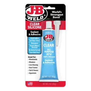 Tube of J-B Weld Clear Silicone Sealant in blue and white packaging.