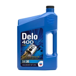 Blue container of Delo 400 SAE 30 motor oil.