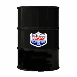 Black metal drum with Lucas Oil Products logo in the center.