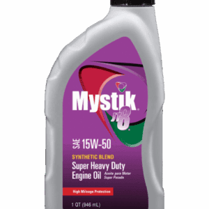 A bottle of Mystik 15W-50 Super Heavy Duty engine oil.