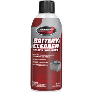 A red can of Battery Cleaner with LED indicators for vehicle batteries.