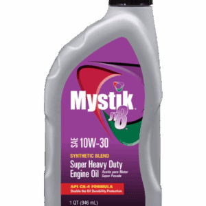A bottle of Mystik synthetic motor oil for heavy-duty engines.