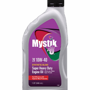 Bottle of Mystik 10W-40 motor oil for heavy-duty engines.