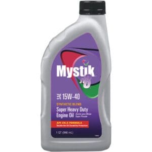 Bottle of Mystik 15W-40 engine oil for severe duty use.