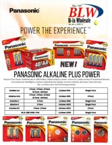 Panasonic alkaline batteries advertisement with product details.